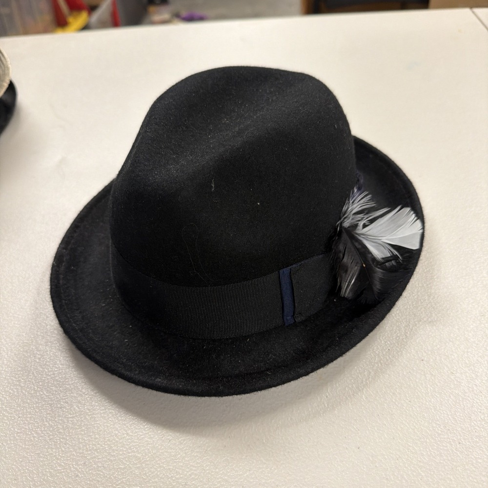 Stacy Adams Black Wool Felt Fedora Hat Pinch Front Snap Brim Feather L
